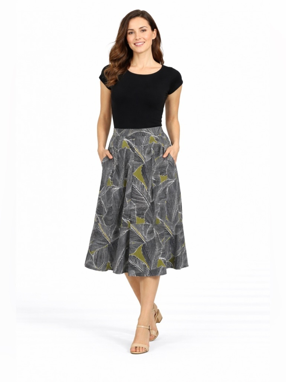 East 5th Women’s Size 8 Black White Leaf Print Midi Skirt